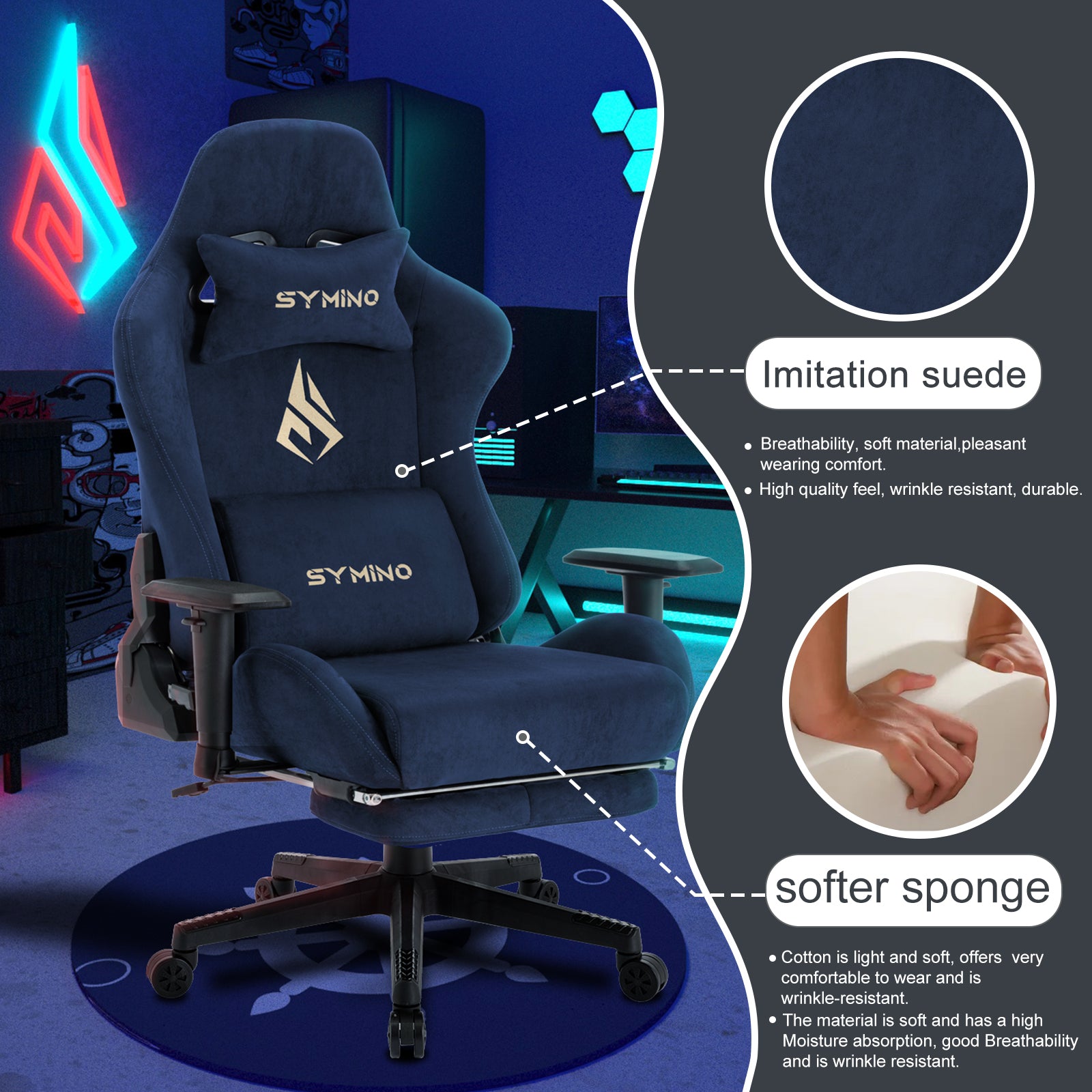 SYMINO Breathable Gaming Chair with Footrest, Adjustable and Rotating, DarkBlue