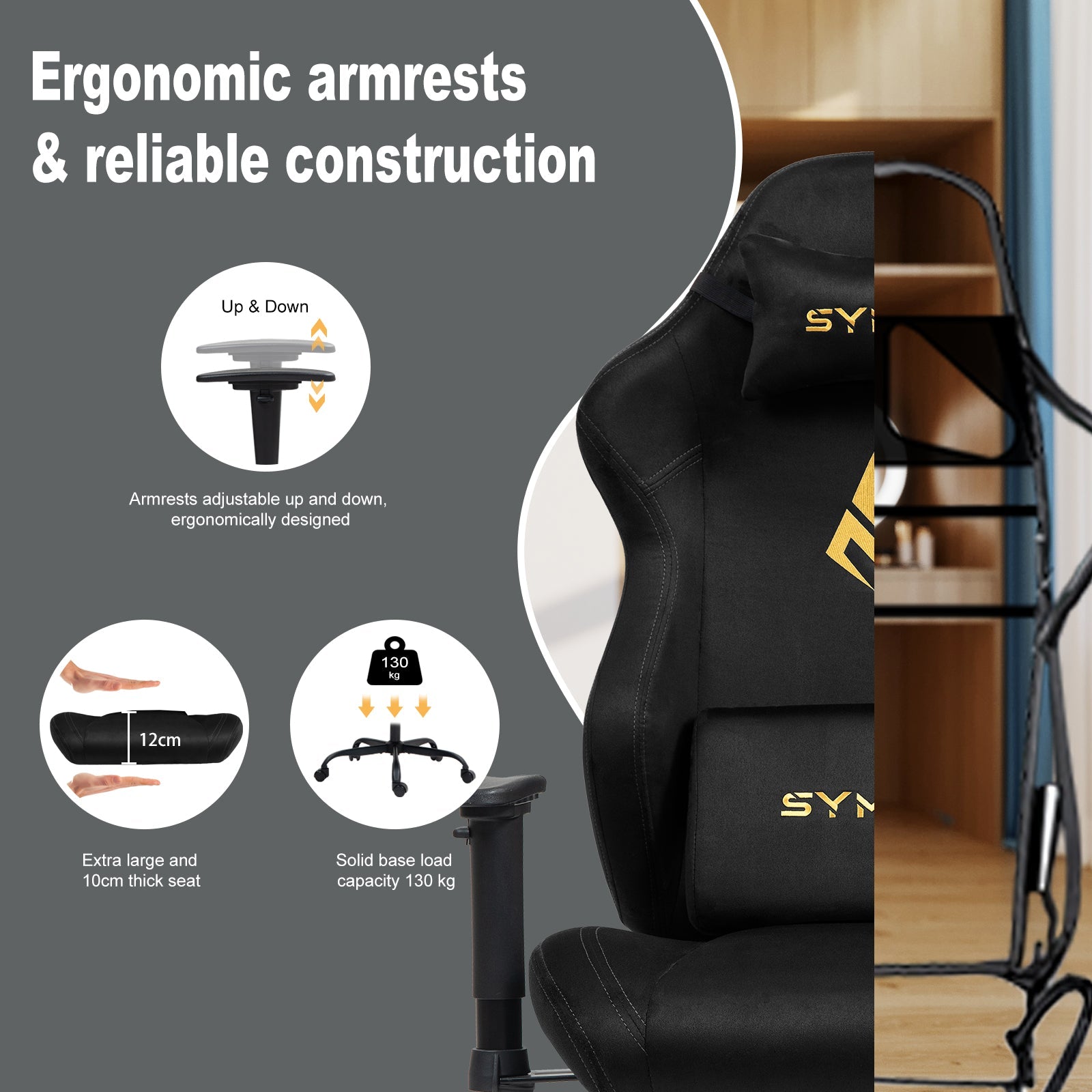 SYMINO Ergonomic Gaming Chair with Footrest, Breathable and Adjustable, Black