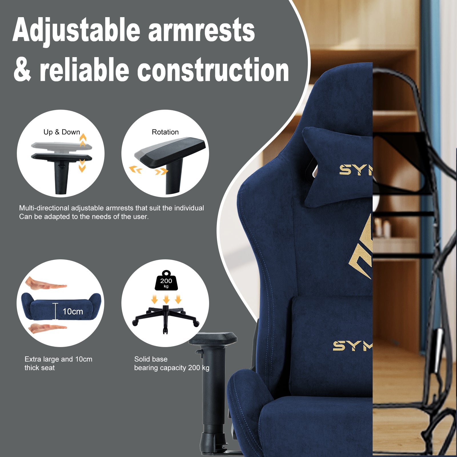 SYMINO Breathable Gaming Chair with Footrest, Adjustable and Rotating, DarkBlue