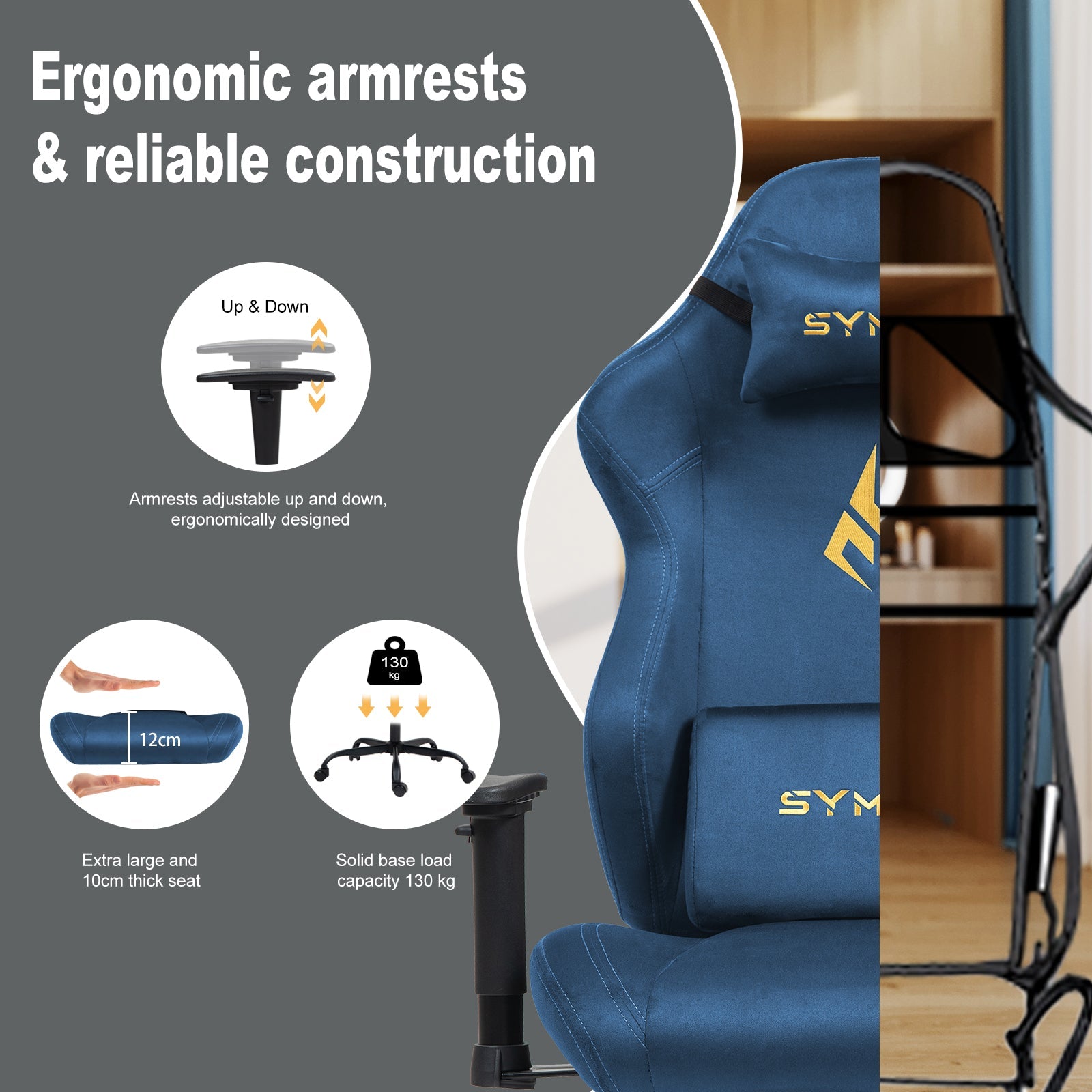 SYMINO Ergonomic Gaming Chair with Footrest, Breathable and Adjustable, Blue