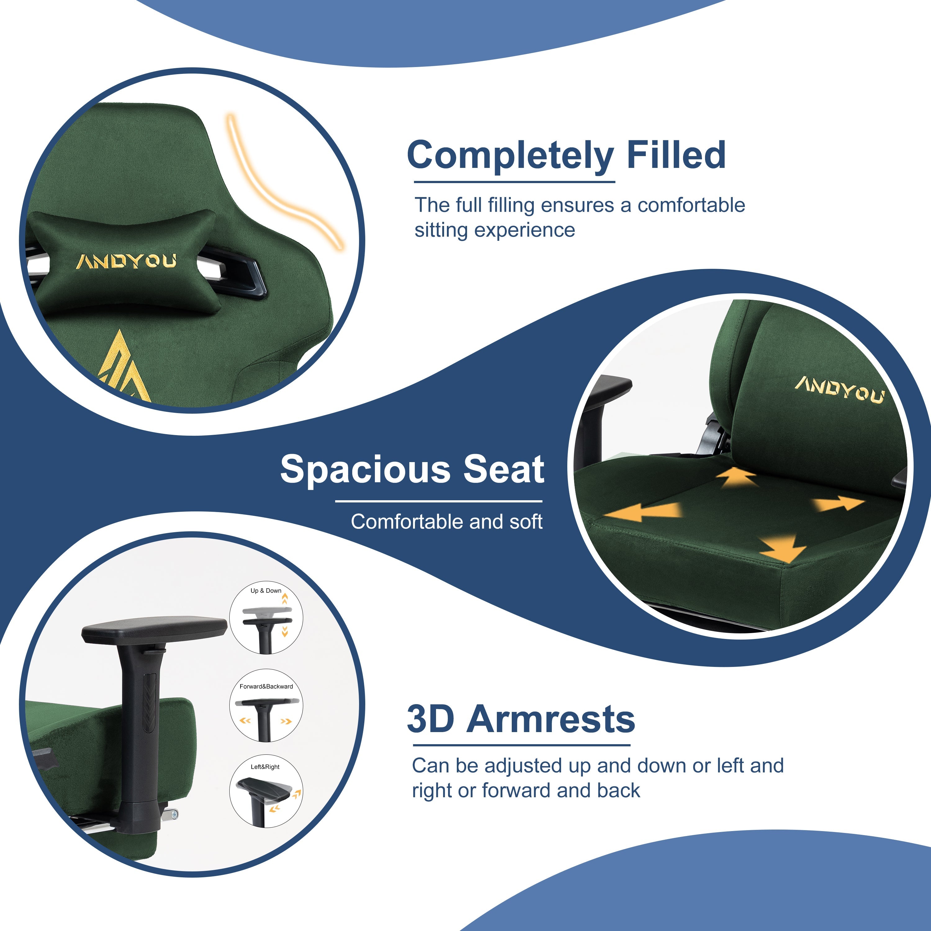 Andyou Gaming Chair – Ergonomic PC Chair with Faux Suede, 90–155° Recline, 18° Tilt, 3D Armrests, 220kg Capacity