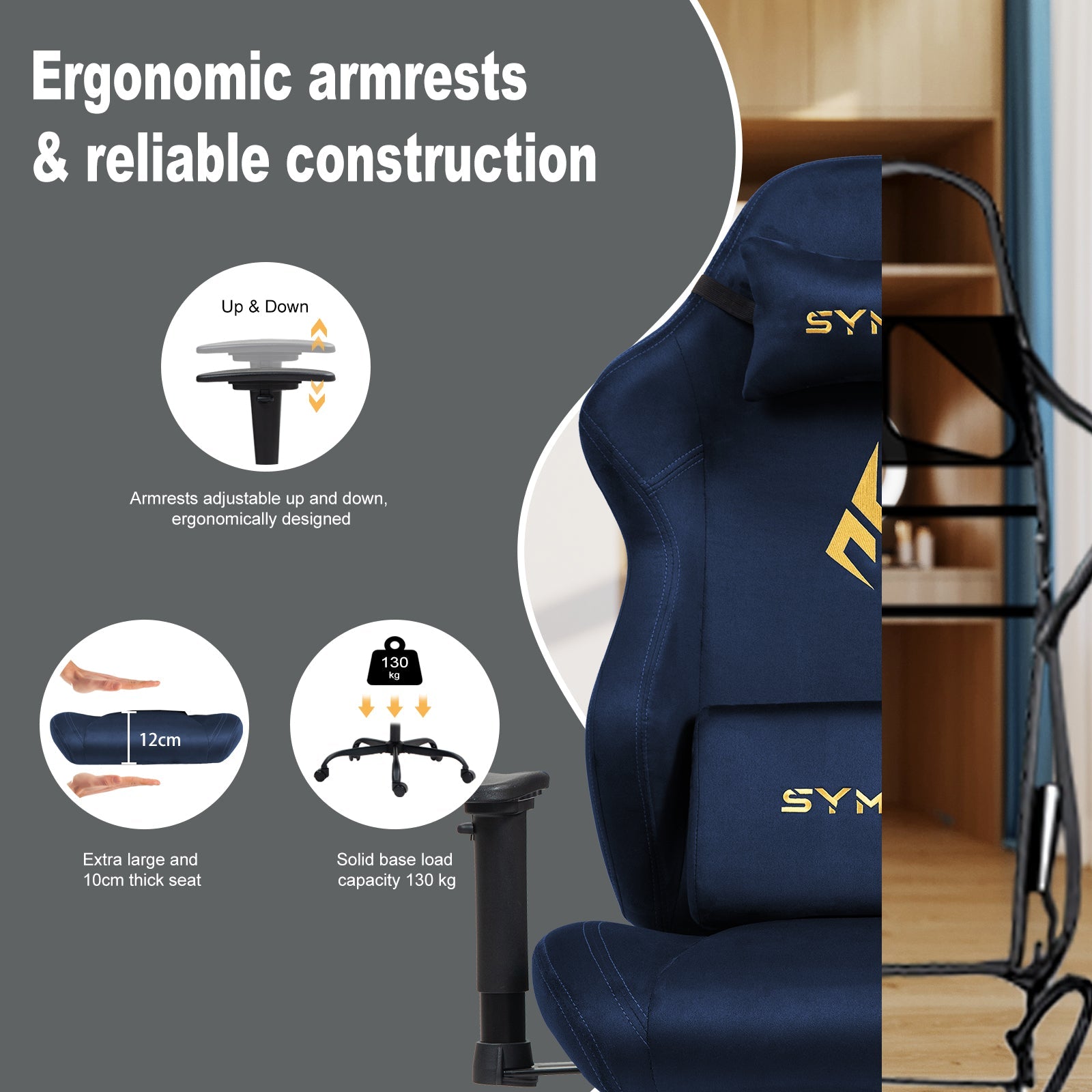 SYMINO Ergonomic Gaming Chair with Footrest, Breathable and Adjustable, Dark Blue