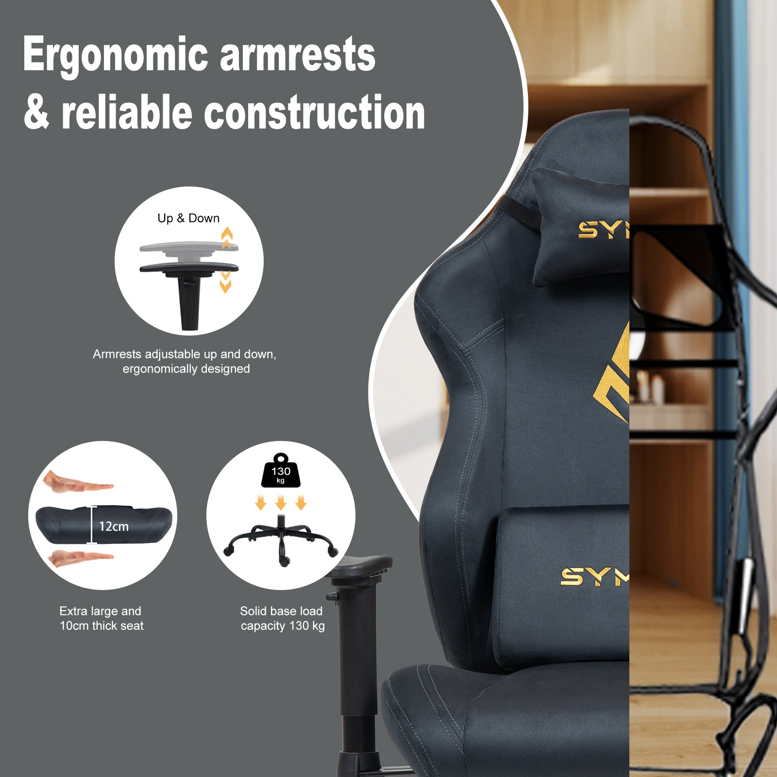 SYMINO Ergonomic Gaming Chair with Footrest, Breathable and Adjustable, Grey