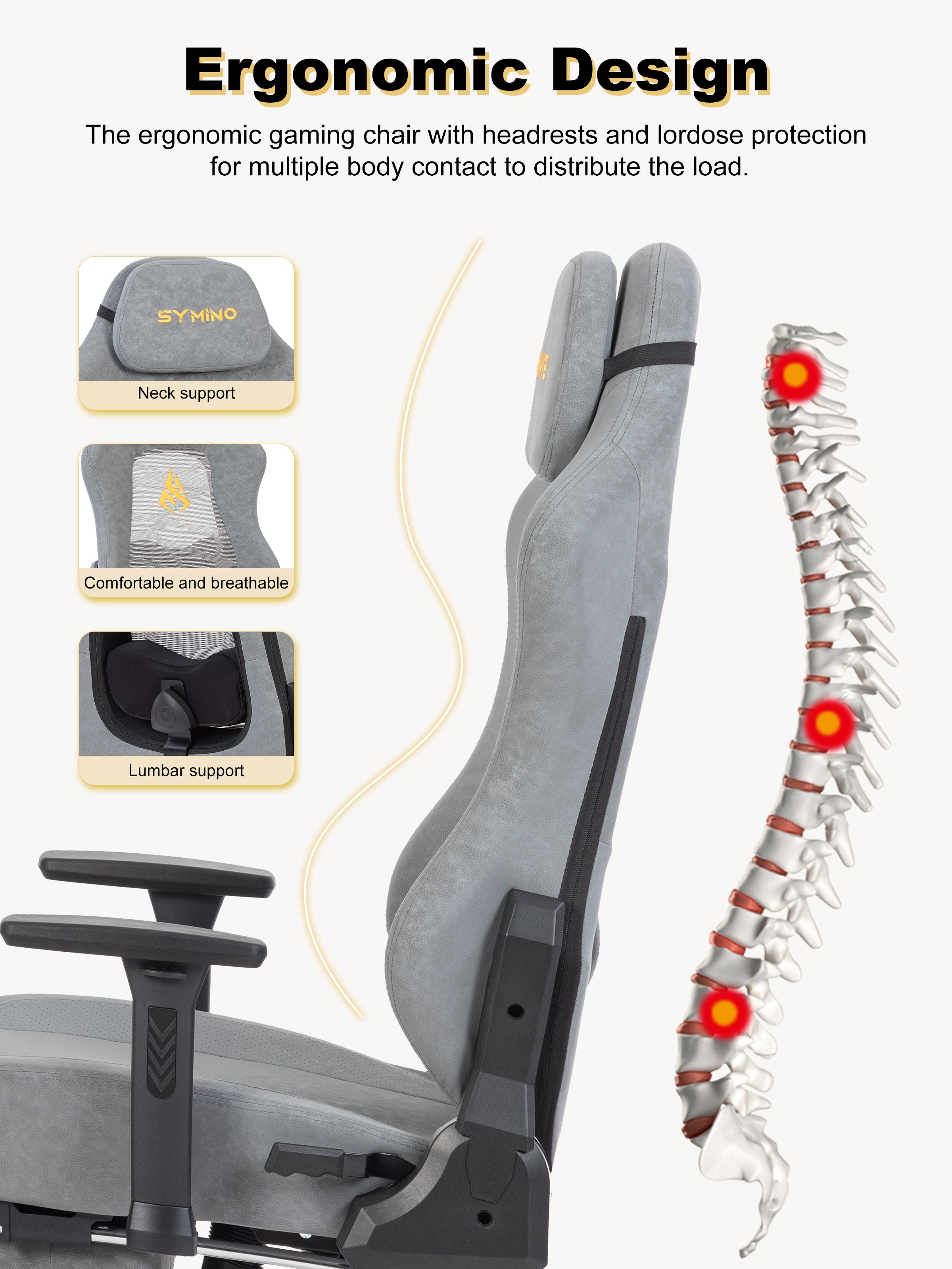 SYMINO Ergonomic Gaming Chair – Breathable Mesh Back with Adjustable Lumbar Support - Grey