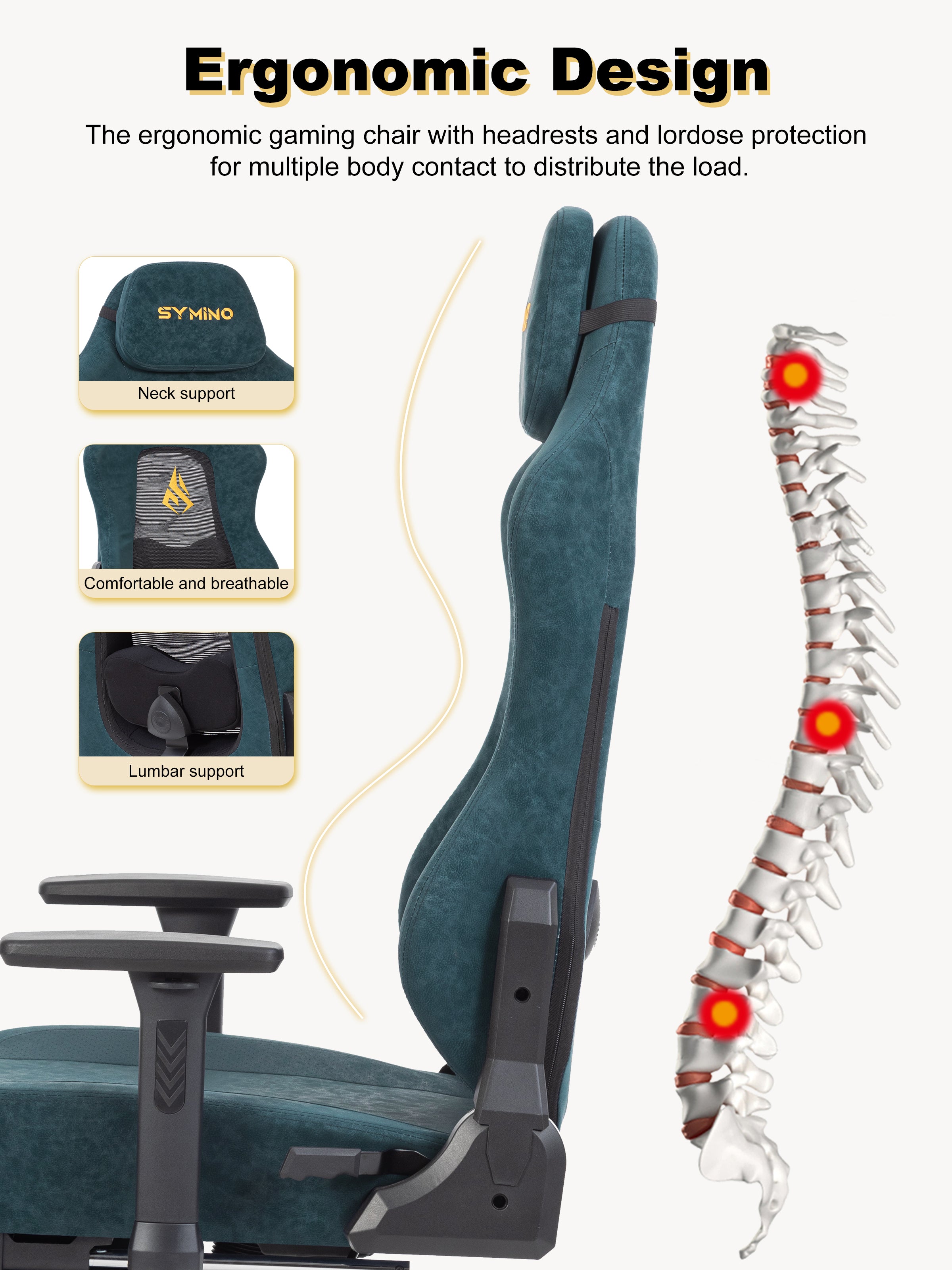 SYMINO Ergonomic Gaming Chair – Breathable Mesh Back with Adjustable Lumbar Support - Green