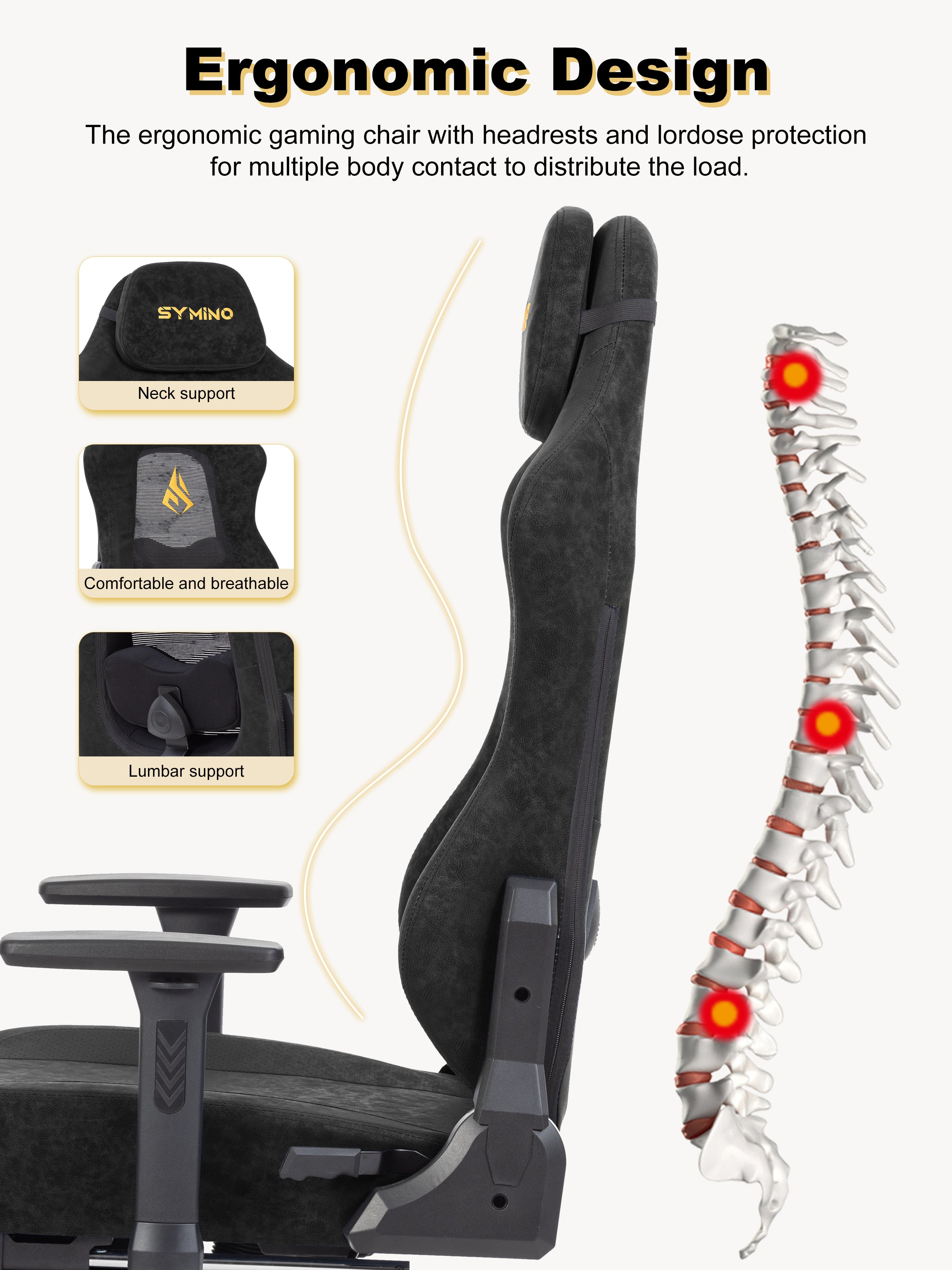 SYMINO Ergonomic Gaming Chair – Breathable Mesh Back with Adjustable Lumbar Support - Black