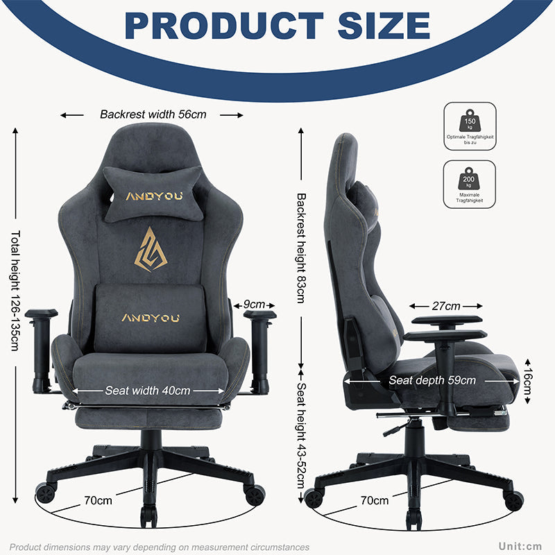 【ANDYOU】 (Upgraded from SYMINO): Grey Premium Breathable Ergonomic Gaming Chair - Adjustable, Rotating, with Footrest