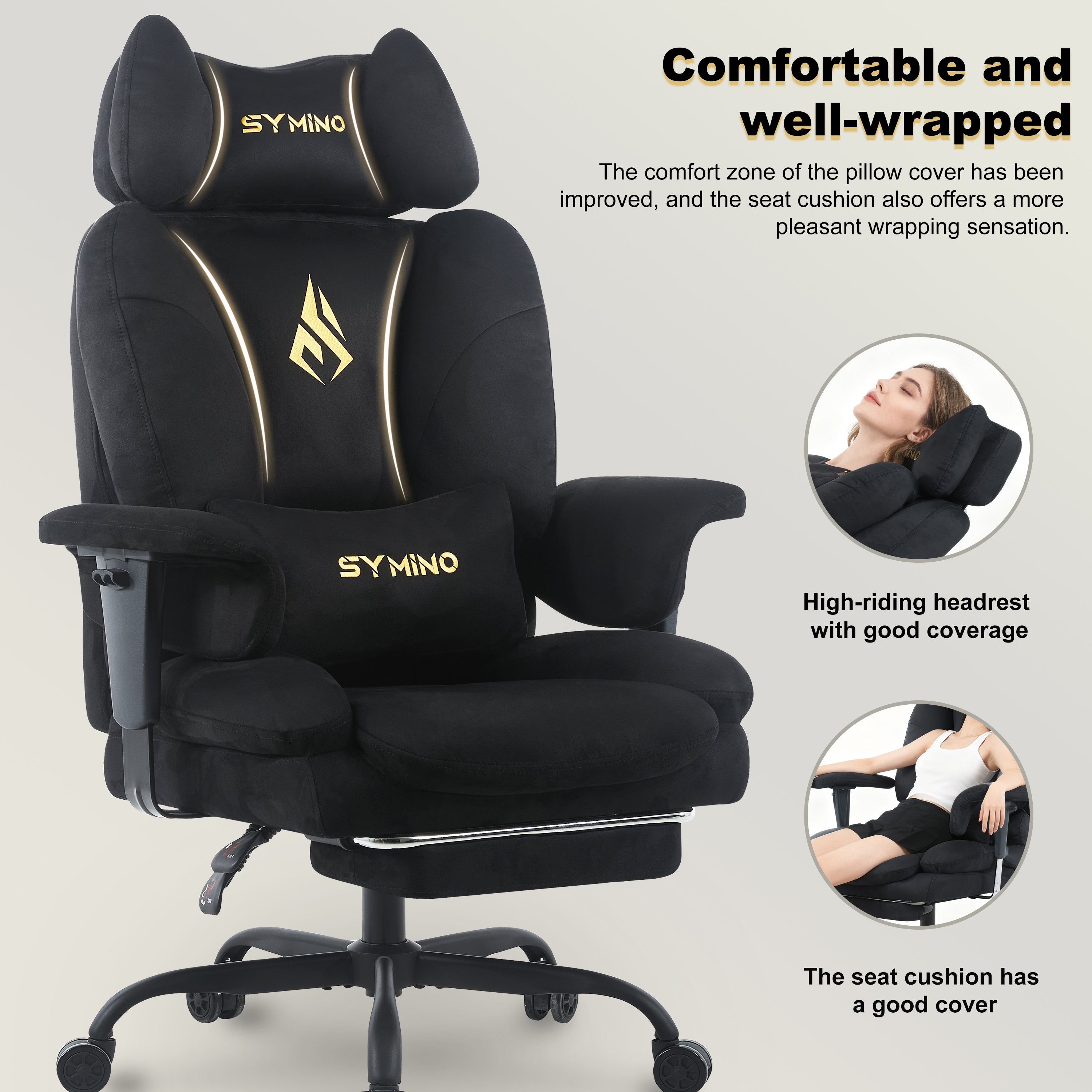 SYMINO Sofa Gaming Chair, Ergonomic Gamer Chair with Faux Fur, Black