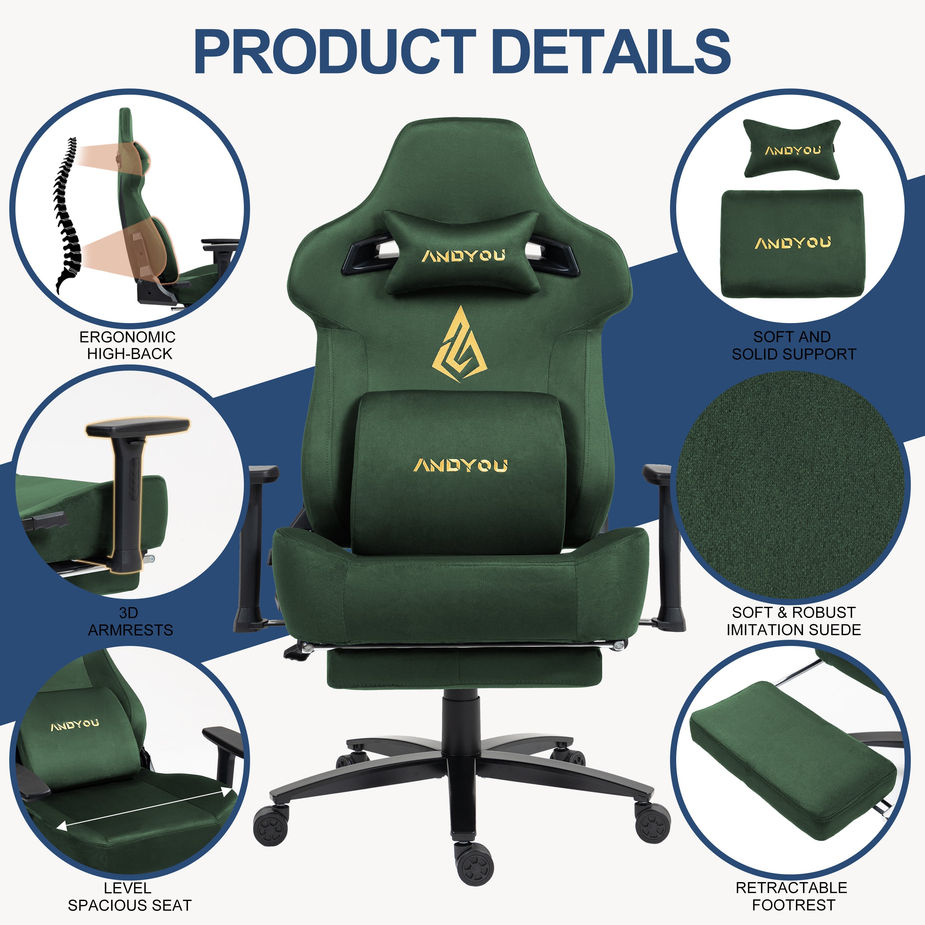 Andyou Gaming Chair – Ergonomic PC Chair with Faux Suede, 90–155° Recline, 18° Tilt, 3D Armrests, 220kg Capacity