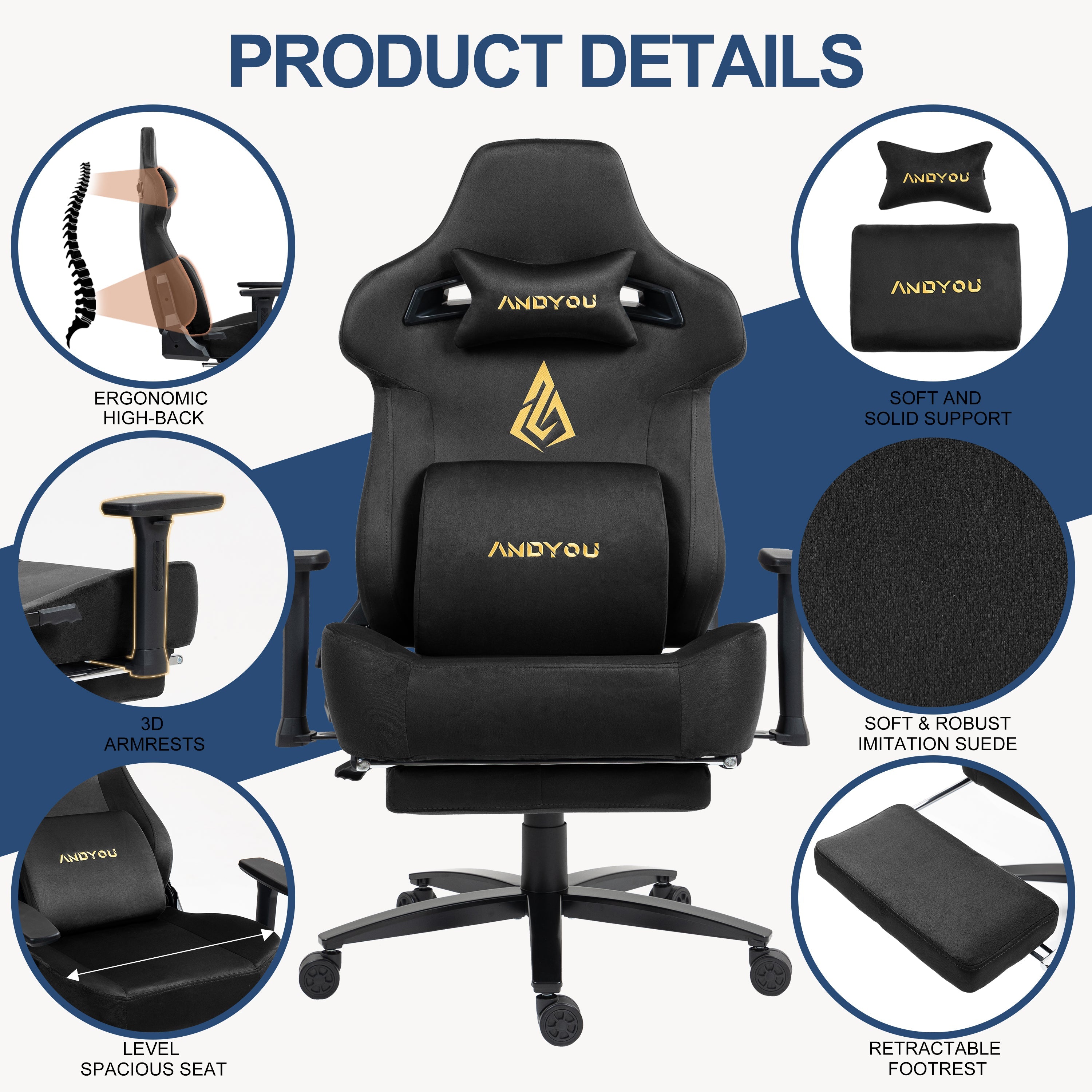 Andyou Gaming Chair – Ergonomic PC Chair with Faux Suede, 90–155° Recline, 18° Tilt, 3D Armrests, 220kg Capacity
