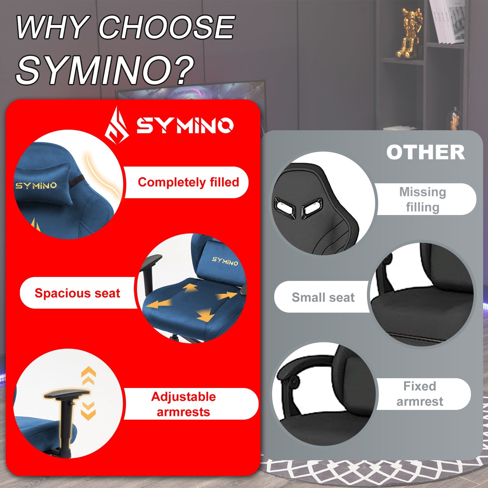 SYMINO Ergonomic Gaming Chair with Footrest, Breathable and Adjustable, Blue