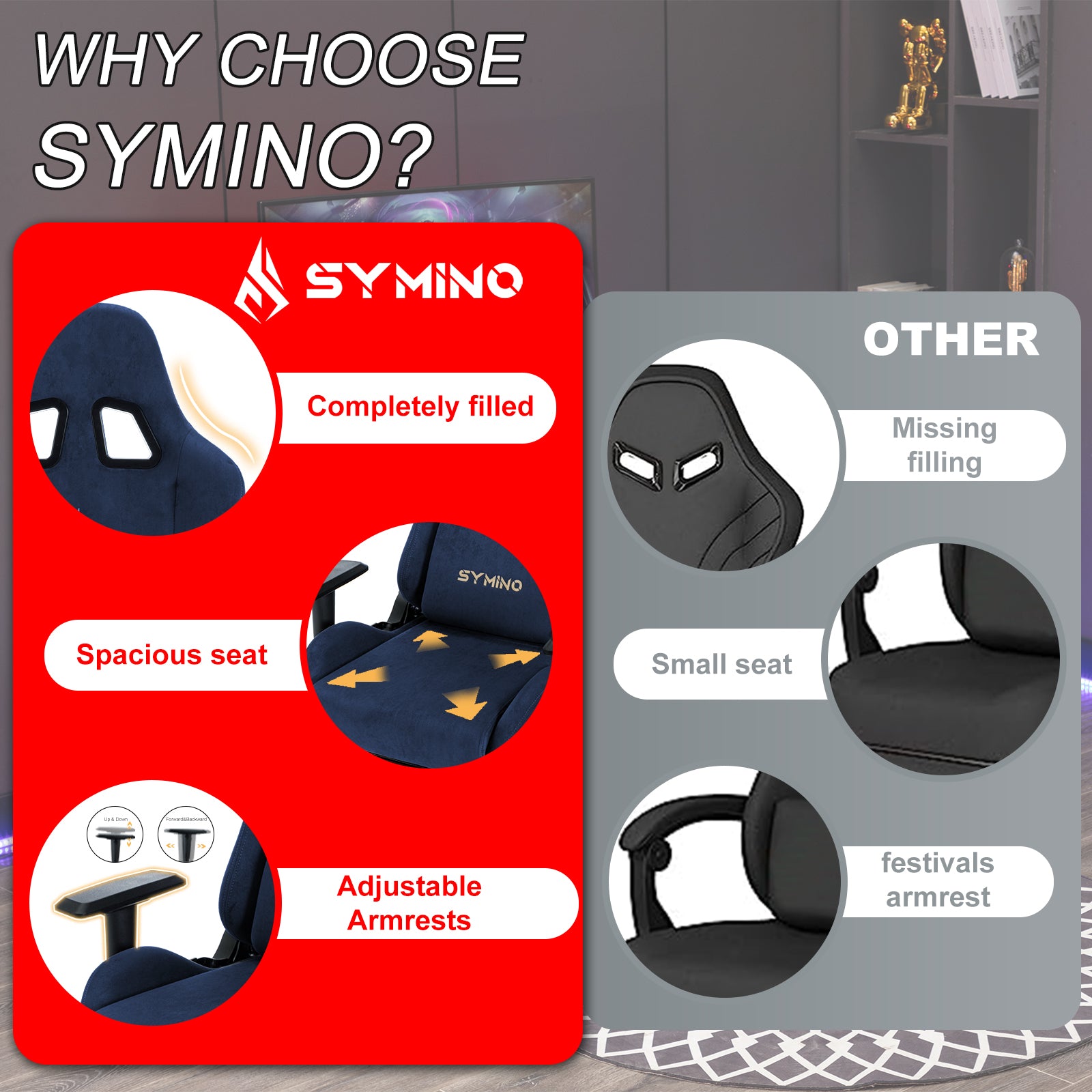 SYMINO Breathable Gaming Chair with Footrest, Adjustable and Rotating, DarkBlue