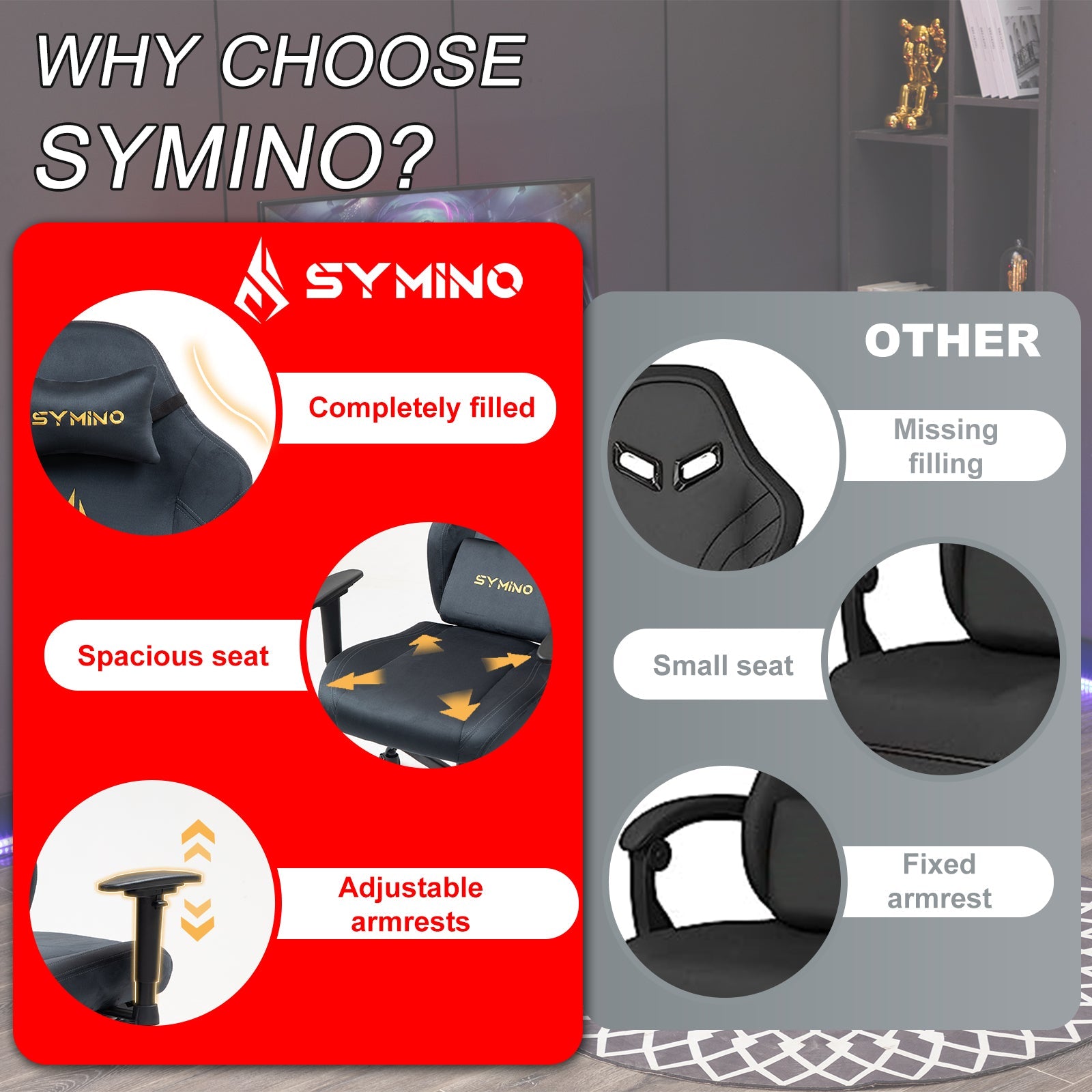 SYMINO Ergonomic Gaming Chair with Footrest, Breathable and Adjustable, Grey