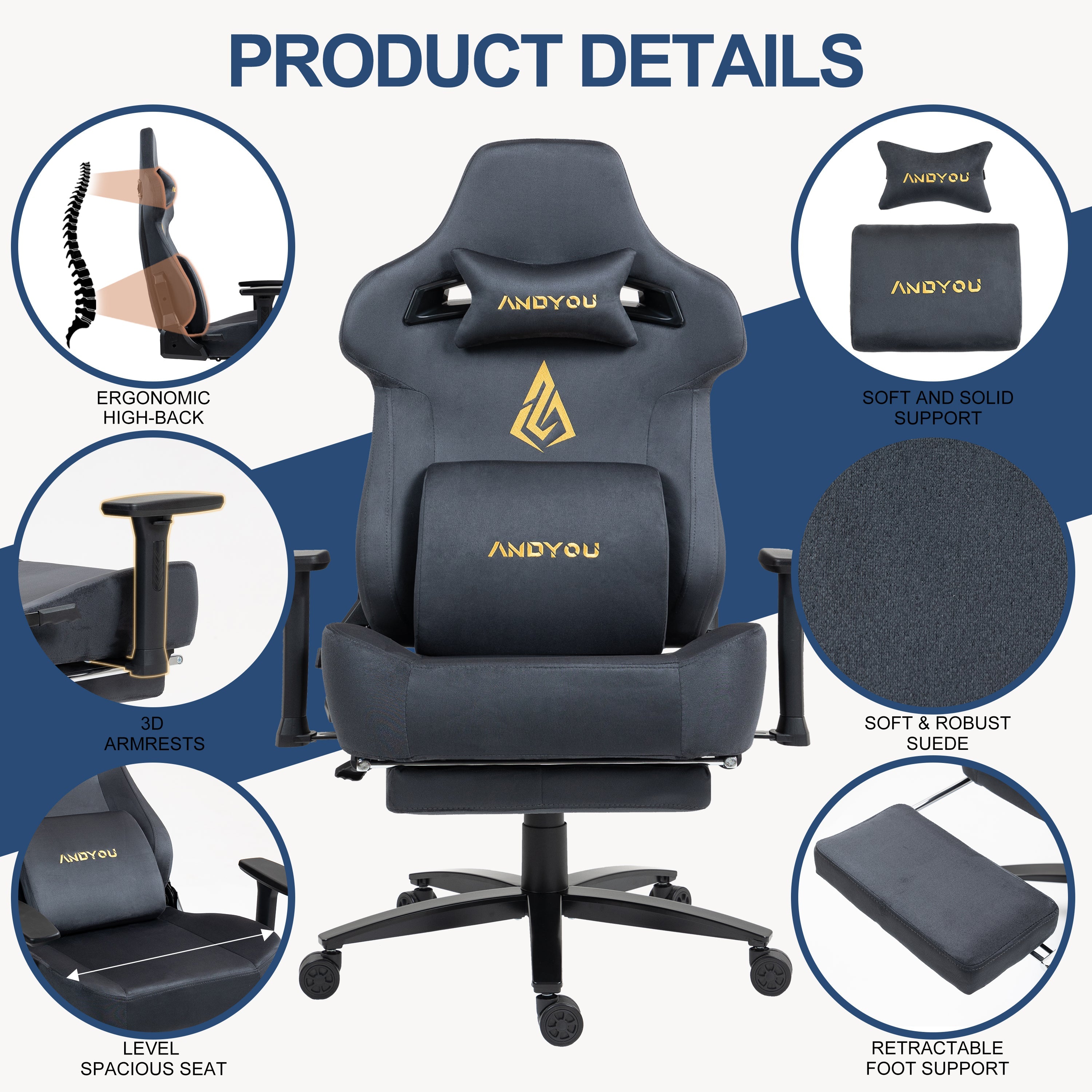 Andyou Gaming Chair – Ergonomic PC Chair with Faux Suede, 90–155° Recline, 18° Tilt, 3D Armrests, 220kg Capacity