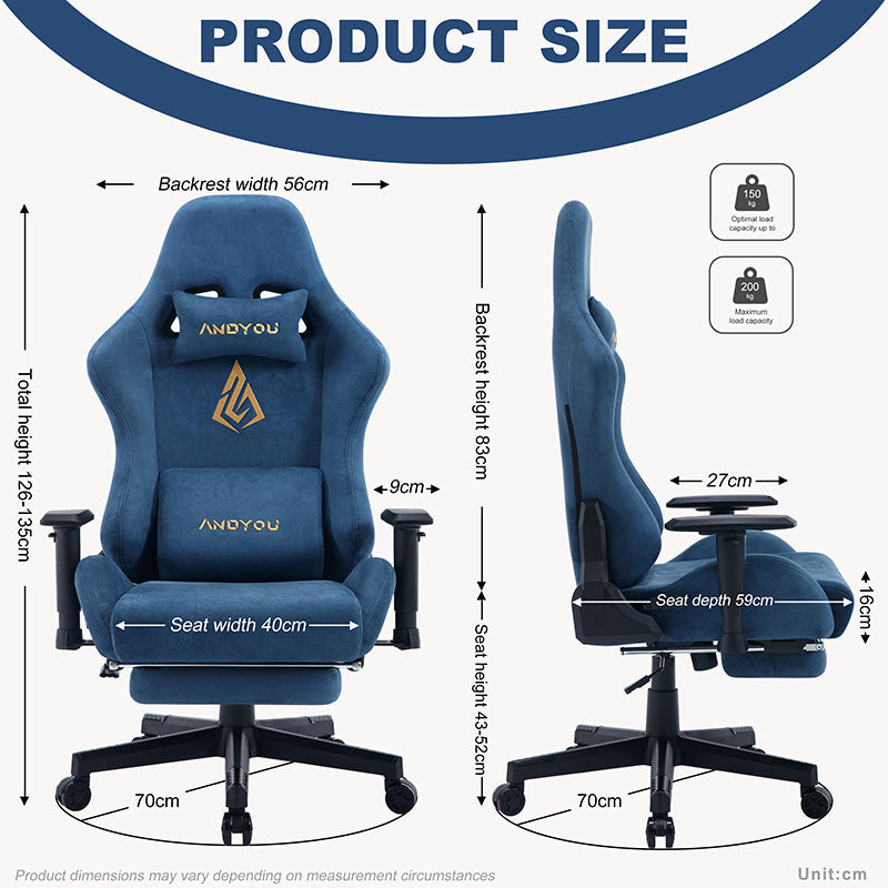 【ANDYOU】 (Upgraded from SYMINO): Blue Premium Breathable Ergonomic Gaming Chair - Adjustable, Rotating, with Footrest