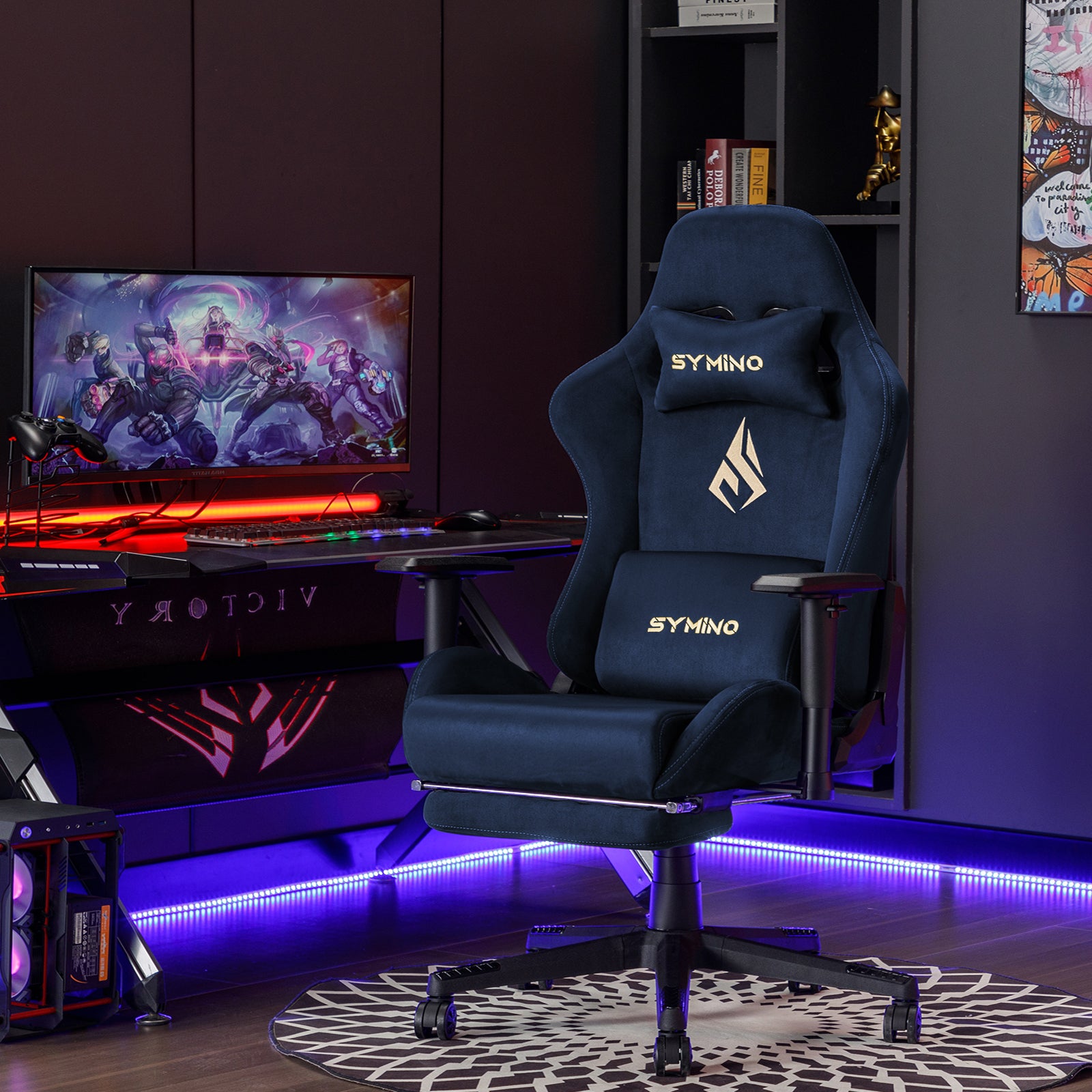 SYMINO Breathable Gaming Chair with Footrest, Adjustable and Rotating, DarkBlue