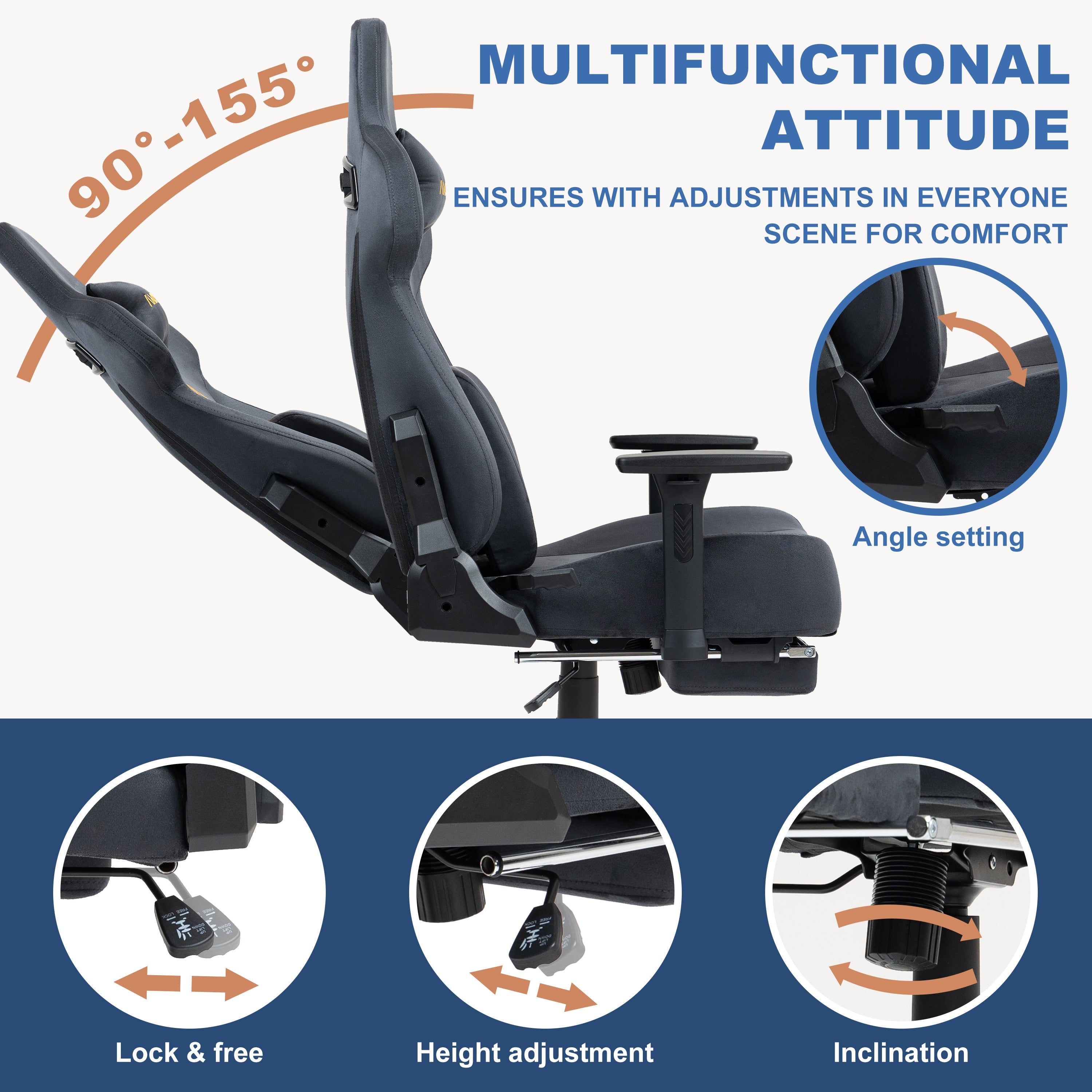 Andyou Gaming Chair – Ergonomic PC Chair with Faux Suede, 90–155° Recline, 18° Tilt, 3D Armrests, 220kg Capacity