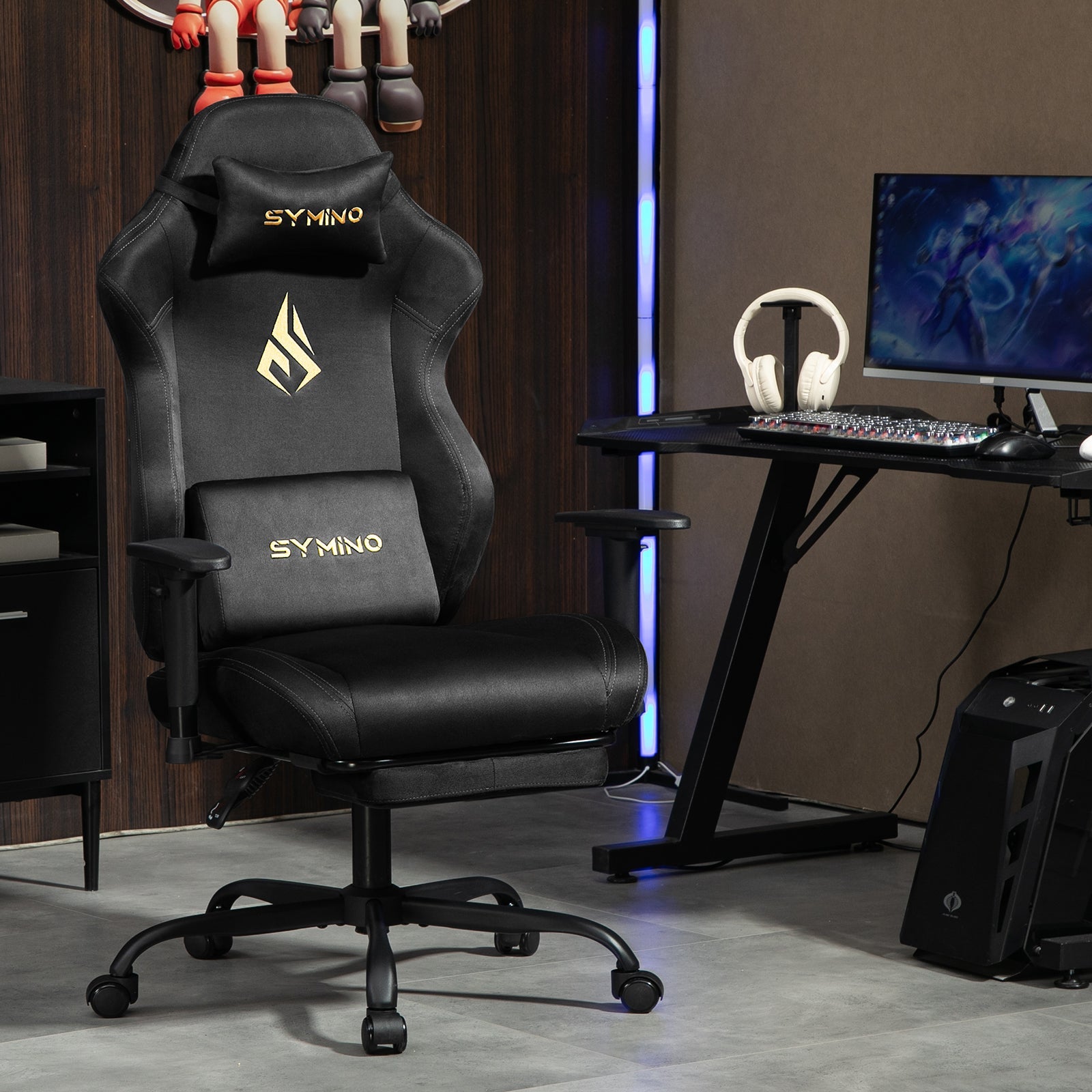 SYMINO Ergonomic Gaming Chair with Footrest, Breathable and Adjustable, Black