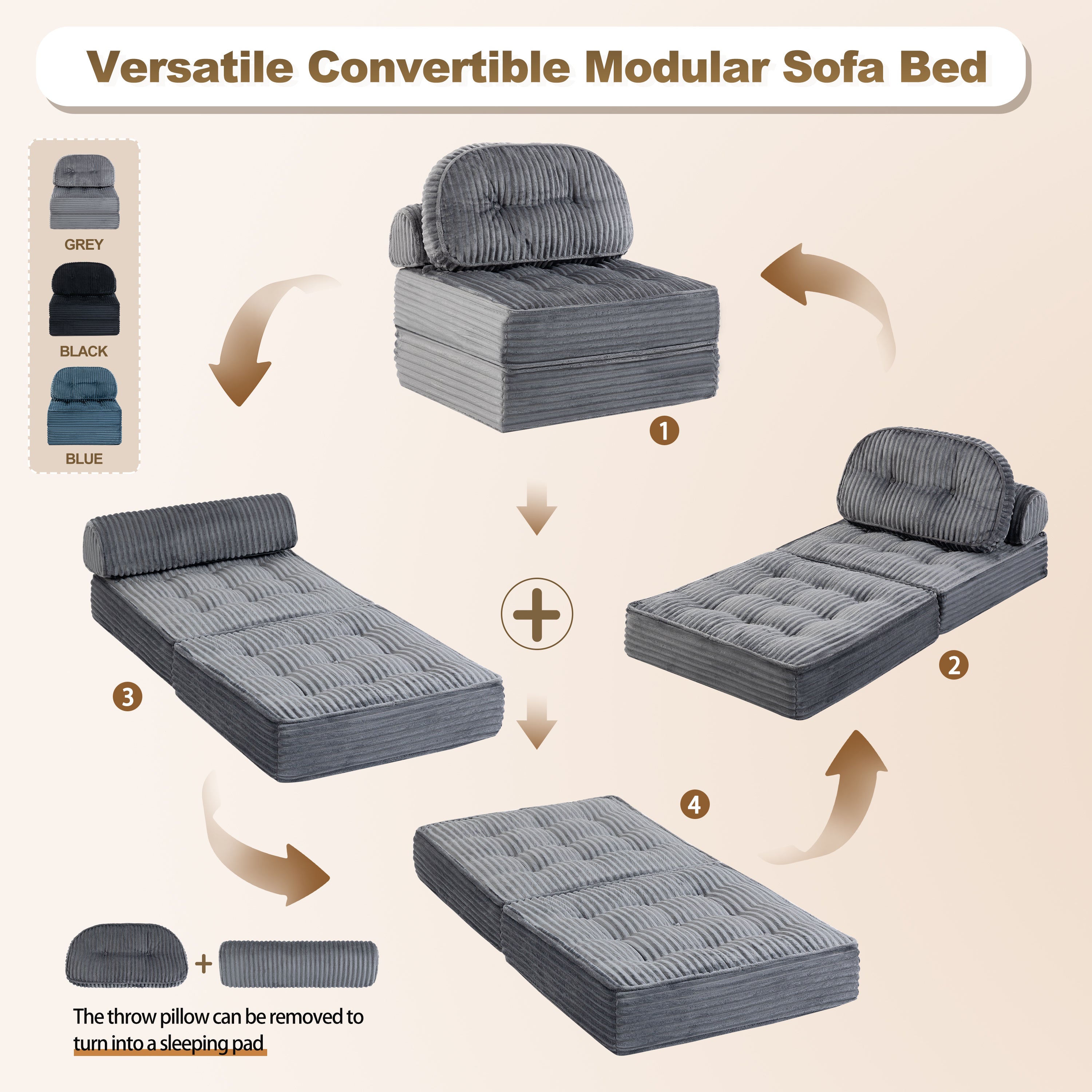 Pop-Up Compression Sofa, Single/Double Seat Options, Corduroy Multifunctional Sofa Bed for Small Apartments, Balconies & Dorms, No Assembly Required