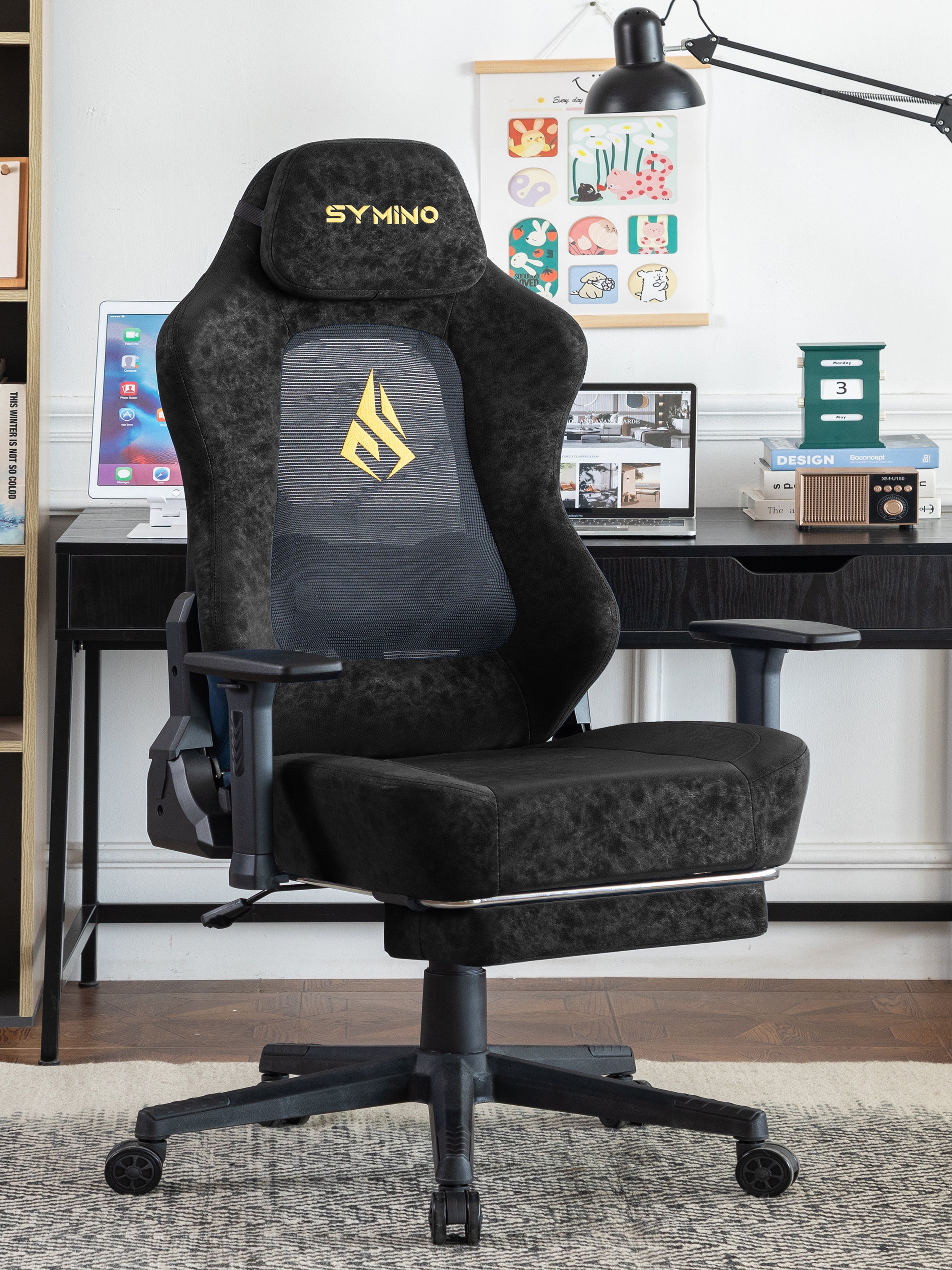 SYMINO Ergonomic Gaming Chair – Breathable Mesh Back with Adjustable Lumbar Support - Black